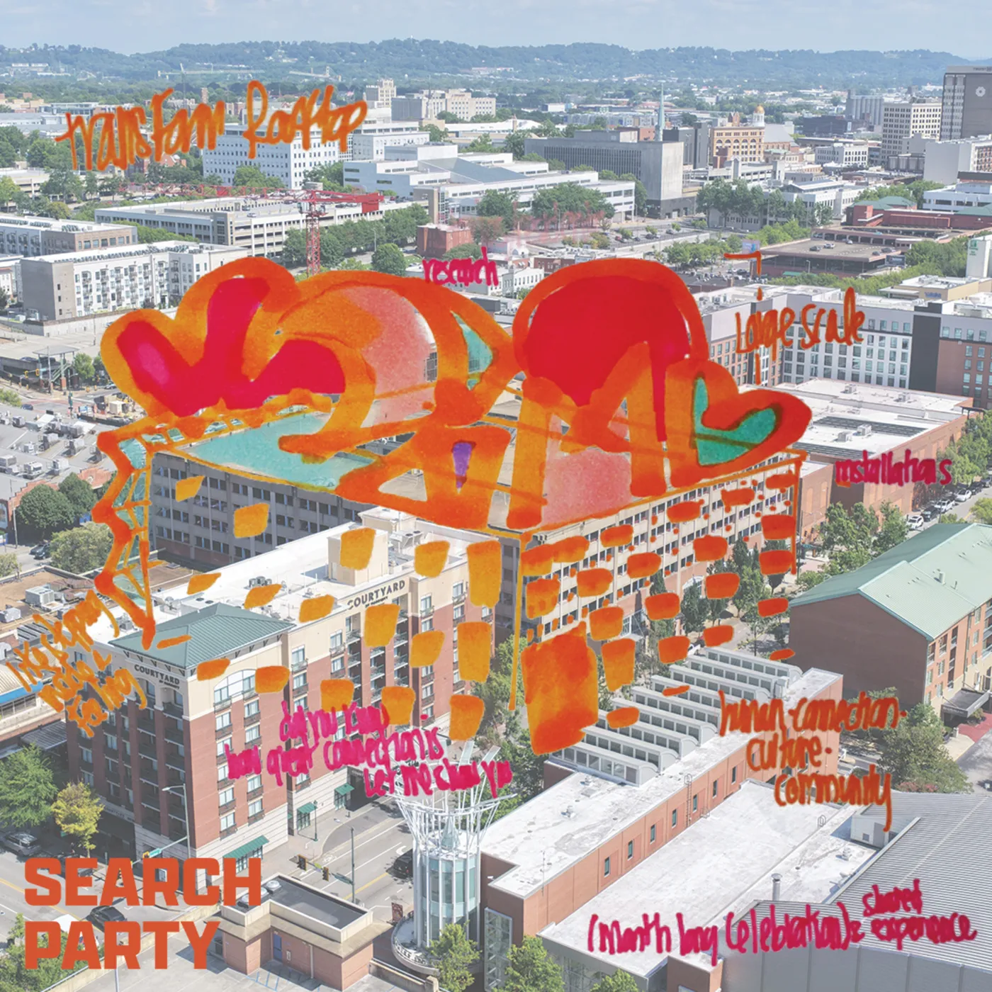 Understory's aerial photograph of the roof of Shuttle Park North, with Search Party's shapes marked on it by hand